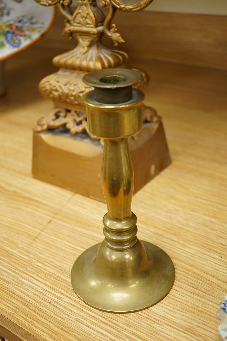 A pair of brass candlesticks and a gilt metal two branch gilt candelabrum, 45cm high